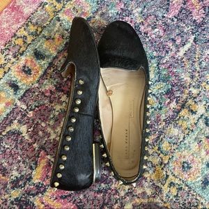 Zara black calf hair gold studded loafer flats